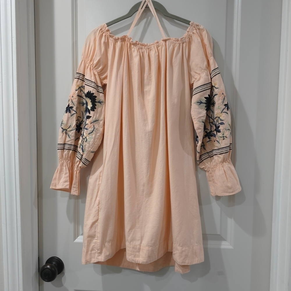 FREE PEOPLE Floral Embroidered Peasant Off The Shoulder Mini Dress, Size XS - Picture 10 of 15
